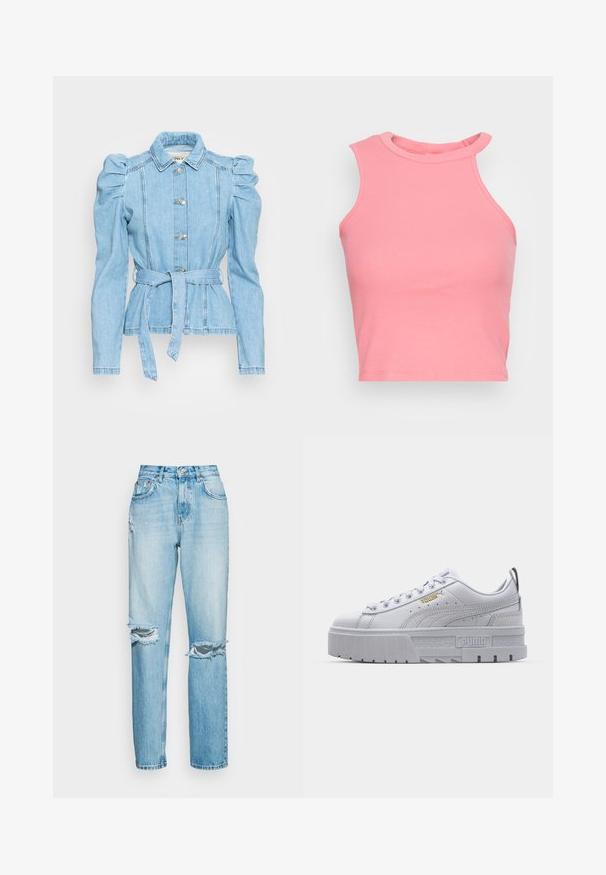Chaqueta de mezclilla azul claro con mangas abullonadas, cintura ceñida, cinco botones y un cuello estructurado. Presenta costuras detalladas y un corte ajustado.; Top corto de canalé rosa sin mangas y con cuello alto; presenta una forma ajustada y bordes limpios. Textura suave, costuras visibles mínimas.; ONLY ONLROBYN DESTROY - Vaqueros boyfriend - light blue dnm; Zapatillas de plataforma blancas con parte superior de cuero suave, cuello acolchado, suela de goma gris y detalles dorados que presentan el logo de Puma.