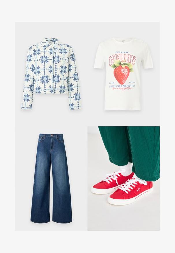 Hvid quiltet jakke med blå geometriske stjernemønstre, trykknapper, lange ærmer og krave.; Hvid T-shirt med korte ærmer og stort rødt jordbærmotiv samt tekst, der lyder "STRAW BERRY", "Farm Fresh" og "Handpicked Perfection."; Jeans i mørkeblåt denim med høj talje, brede ben, fem lommer, bæltestropper og kobberknaplukning.; Røde lærredssneakers med hvide snørebånd, der har en hvid gummisål og stribede detaljer på siden. Båret med grønne strukturerede bukser og hvide sokker.