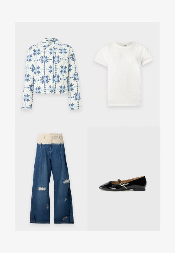 Hvid quiltet jakke med blå geometriske stjernemønstre, trykknapper, lange ærmer og krave.; Hvid T-shirt med korte ærmer og rund hals i blødt stof, vist mod en lysegrå baggrund.; Højttaljede vidde jeans med beige taljebånd, bæltestropper, slidte pletter på benene og frontplisseringer.; Sorte patenterede lædersko med spids tå, ankelrem med en guldfarvet spænde og en lav blokhæle. Glat, skinnende overflade.