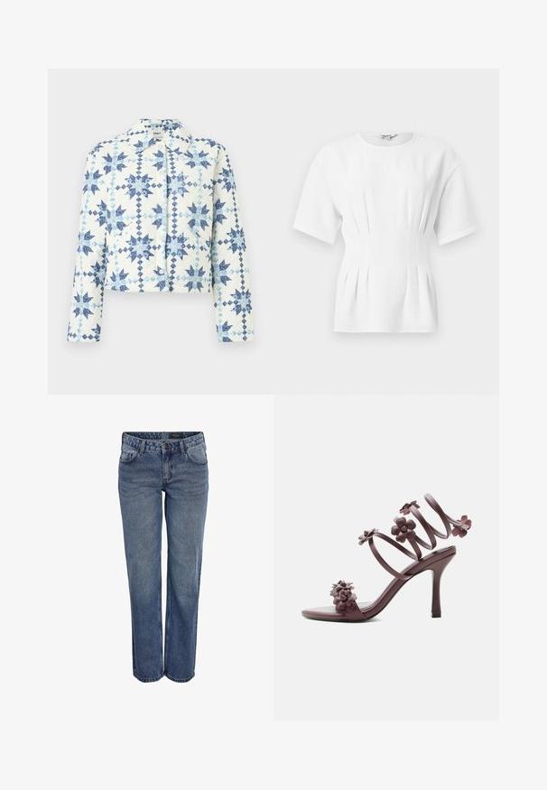 Hvid quiltet jakke med blå geometriske stjernemønstre, trykknapper, lange ærmer og krave.; Hvid kortærmet tætsiddende top med rynkede sidesømkiler og rund halsudskæring.; Blå denim jeans med en lige benudskæring, der har et klassisk fem-lomme design, diskrete stikninger og en knaplukning.; Mørk mauve højhælet sandal med spiral ankestrop og flere 3D blomsterdekorationer på stropper og tåområde.