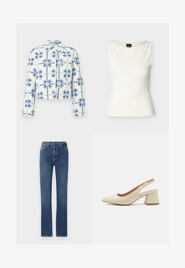 Hvid quiltet jakke med blå geometriske stjernemønstre, trykknapper, lange ærmer og krave.; Hvid ærmeløs tætsiddende top med subtilt blomsterteksturmønster og bådudskæring.; Blå denim jeans med et lige ben-design, der har en klassisk fem-lomme stil, en lynlås og en medium taljehøjde. Glat tekstur.; Spids tå slingback pump i lys beige læder med en lav blokhæl. Har et udskåret design og glat tekstur.