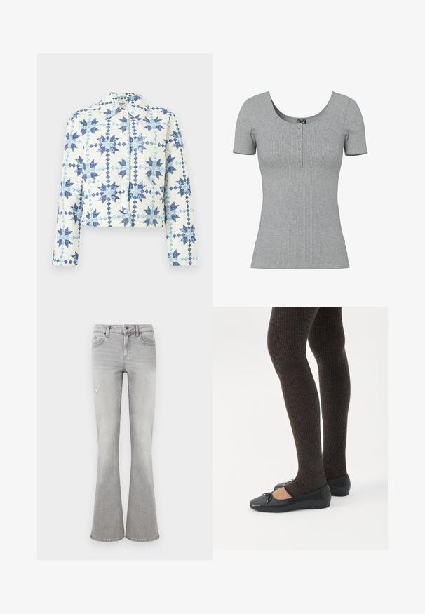 Veste matelassée blanche avec motifs géométriques en forme d'étoiles bleues, boutons-pression, manches longues et col.; Haut gris côtelé à manches courtes avec un col rond en U et quatre petits boutons en ligne au centre devant.; Jean flare taille haute pour femmes en gris clair avec poches avant, fermeture par bouton et un petit détail usé sur la cuisse gauche.; Jambes portant des leggings côtelés foncés associés à des ballerines noires avec de petits détails en nœud sur fond blanc.
