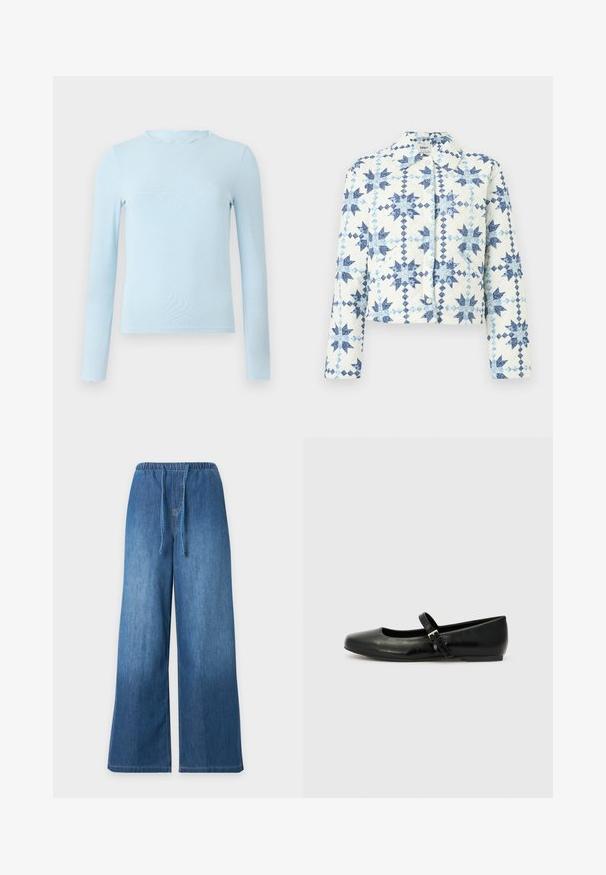 Witte doorgestikte jas met blauwe geometrische sterpatronen, drukknoopsluiting, lange mouwen en een kraag.; Lichtblauwe top met lange mouwen, gemaakt van een gladde stof, met een golvende halslijn en een aansluitend ontwerp, rechte zoom en zonder patronen.; Wijde blauwe spijkerbroek met elastische tailleband en trekkoordsluiting aan de voorkant op een effen lichte achtergrond.; Zwarte leren balletschoenen met een ronde neus, een platte zool en een dunne verstelbare band over de wreef met een metalen gesp.