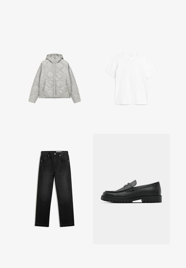Gesteppte graue Jacke mit Kapuze, zwei seitlichen Reißverschlusstaschen, strukturierten Wellenmustern und einem durchgehenden Reißverschluss vorne. Leichter Stoff.; Weißes Baumwoll-T-Shirt mit Rundhalsausschnitt und kurzen Ärmeln. Der Stoff wirkt glatt mit einem klassischen, geraden Schnitt.; Schwarze Denim-Jeans mit geradem Bein, fünf Tasche-Design, kontrastierenden Beschlägen und rohem Saumdetail am unteren Ende.; Schwarze Lederloafer mit runder Zehenform, ausgestattet mit einem gesteppten Design, niedrigem Plattformsohle und einer strukturierten, genoppten Gummisohle.