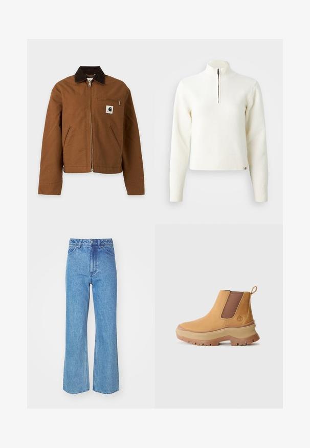 Brun jakke med lynlås, mørkrave, to skrå forlommer og lille brystlomme med lynlås med Carhartt-logo.; Hvid, sweater med lynlås ved halsen og lange ærmer. Lavet af et blødt strikmateriale, med ribbede manchetter og kant. Diskret mærke-logo ved kanten.; Lyseblå denimjeans med høj talje, løs pasform og vide ben. Funktioner omfatter en klassisk knappelukning og forlommer.; Brune læder ankelstøvle med elastiske sidepaneler, afrundet tå og tyk gummisål med dyb profil; har en trækstrop bag på hælen.