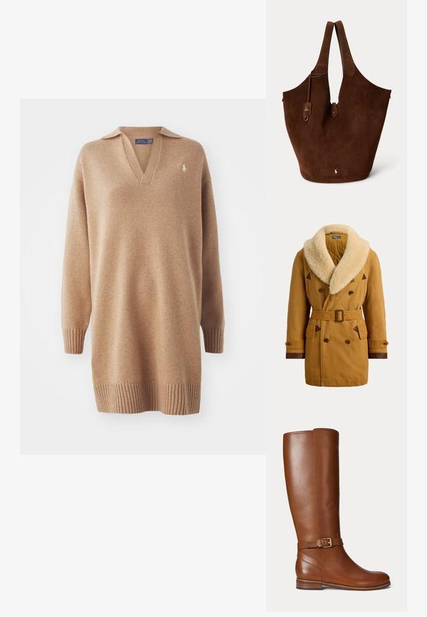 Dobbeltradet beige frakke med bredt cremefarvet fårskindskrave, bælte i taljen, knaplukning ved ærmegab og brune læderkanter på lommer og ærmekanter.; Beige striktrøje med V-hals og polo-krave. Har ribbede manchetter og kant. Broderet logo på venstre bryst. Blød tekstur.; Brun læder knæhøj støvle med en lille guldbøjle og "RL" logo på remmen nær anklen, flad hæl og glat finish.; Brun ruskindstaske med brede håndtag, et lille lædermærke og en hvid broderet logo nær bunden i midten.