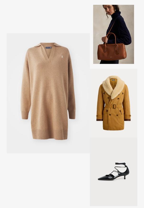 Beige double-breasted jas met brede crème shearlingkraag, ceintuur in de taille, knoopmanchetten en bruine leren afwerking op zakken en mouwuiteinden.; Beige gebreide trui met een V-hals en een polokraag. Heeft geribbelde manchetten en zoom. Geborduurd logo op de linkerkant van de borst. Zachte textuur.; Zwart, puntige kitten heel-schoen met enkelbandjes en cut-out details aan de zijkanten, getoond op een effen lichte achtergrond.; Vrouw in een donkerblauwe kabelgebreide trui die een grote bruine leren handtas vasthoudt met dubbele handgrepen en een schouderriem.