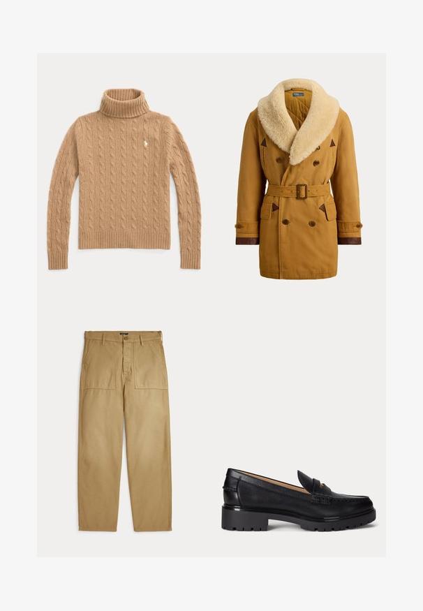 Manteau croisé beige avec large col en peau lainée crème, taille ceinturée, poignets boutonnés et finitions en cuir marron sur les poches et les extrémités des manches.; Pull col roulé en maille torsadée couleur camel, manches longues et poignets côtelés, avec un petit logo brodé sur la poitrine.; Pantalon beige droit avec poches plaquées à l'avant, passants pour ceinture, fermeture par bouton et fermeture éclair.; Mocassin en cuir noir avec semelle épaisse à relief, talon bas et bride décorative sur le devant.
