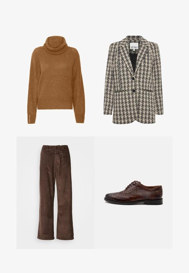 Brun og sort houndstooth-mønstret blazer i stof, med en enkeltknaps design, classique revers og to forlommer.; Brun turtleneck trøje med en blød, struktureret overflade og lange ærmer. Har perle-lignende detaljer på manchetterne.; Brune fløjl bukser med en bred benudskæring, der har lodrette ribber og en talje. Stoffet har et blødt, tekstureret udseende.; Brun læder herre wingtip selskabssko med brogue-detaljer og ternede stofsider, vist fra siden på en hvid baggrund.