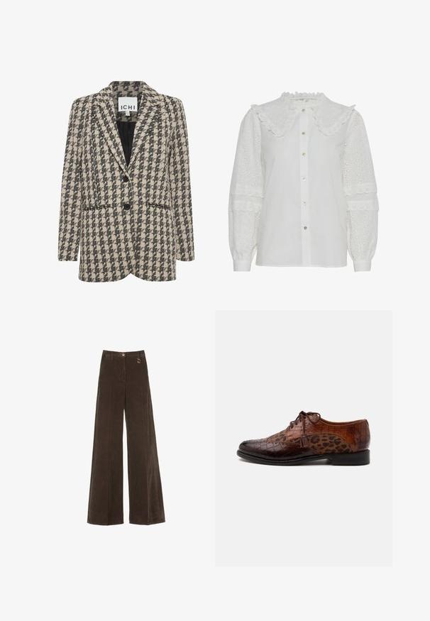 Beige und schwarzer Hahnentrittmuster-Blazer aus Stoff, mit einem einreihigen Design, Reverskragen und zwei aufgesetzten Fronttaschen.; Weißes Blusenshirt mit Rüschensaumkragen, Knopfleiste und bestickten Augenbrauentransparenzen an den puffärmel. Verfügt über einen subtilen Glanz und eine weiche Textur.; Braune weit geschnittene Cordhosen mit hoher Taille, versehen mit einem goldenen Knopf und einem dekorativen Ringdetail. Texturiert, weicher Stoff mit vertikalen Streifen.; Brauner Lederschuh mit Krokodilstruktur und Leopardenmuster-Stoffeinsätzen, Schnürverschluss und Quasten-Detail an der Seite.