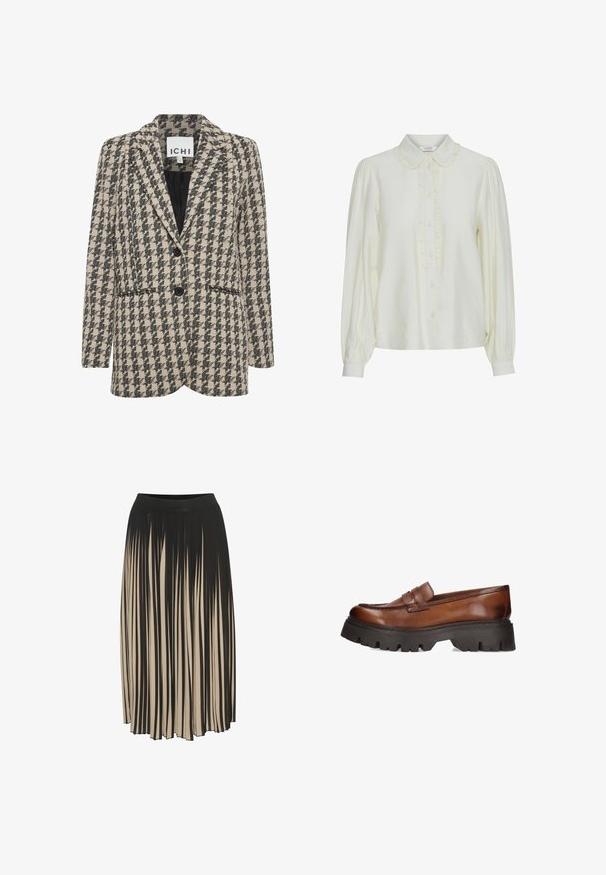 Brun og sort houndstooth-mønstret blazer i stof, med en enkeltknaps design, classique revers og to forlommer.; Cremefarvet bluse med en bølget krave, frontknaplukning, lange pufferærmer og et blødt, struktureret stof. Elegant og minimalistisk design.; Fald midi med plissering i sort og beige med høj elastisk talje, der har lodrette striber og en strømlinet design, der giver bevægelse.; Brune læder loafers med en kraftig sort platform sål. Har en rund tå og dekorativt stropdetalje over vamps.