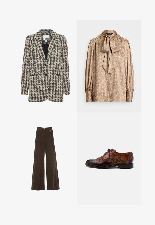Brun og sort houndstooth-mønstret blazer i stof, med en enkeltknaps design, classique revers og to forlommer.; Bluse i lyse beige stof med geometrisk mønster i creme og guld. Har en sløjfekrave og samlede lange ærmer.; Brune, vide corduroy bukser med høj talje, der har en gylden knap og en dekorativ ringdetalje. Textureret, blødt stof med lodrette striber.; Brun lædersko til kjole med krokodilletekstur og leopardprint stofpaneler, snørebånd og kvastdetalje på siden.