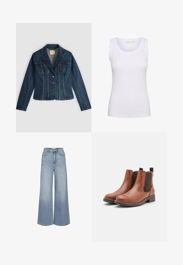 Veste en jean bleu foncé à manches longues, trois boutons devant, deux poches poitrine et un col cranté, posée à plat sur un fond clair.; Débardeur blanc côtelé sans manches avec encolure dégagée, petite étiquette de marque à l'intérieur du col et coupe ajustée.; Jean large bleu clair en denim, avec une taille haute, des poches avant et un motif de décoloration subtil. L'ourlet est brut.; Bottines en cuir marron avec des panneaux élastiques sur les côtés, bout rond et petit talon en bois. Présentent une languette pour un enfilage facile.