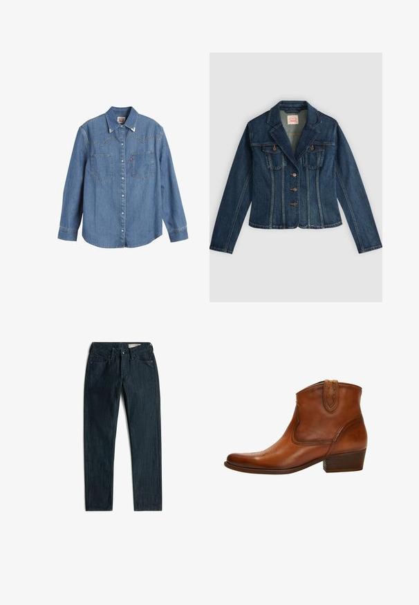 Dunkelblaue Jeansjacke mit langen Ärmeln, drei Vorderknöpfen, zwei Brusttaschen und einem gekerbten Kragen, flach auf hellem Hintergrund ausgebreitet.; Hellblaues Denim-Hemd mit langen Ärmeln, spitzem Kragen, zwei Brusttaschen und kontrastierenden Nähten. Verfügt über ein Design mit Westernstil-Yoke.; Dunkelblaue schlanke gerade Jeans mit vorderen Taschen, Gürtelschlaufen und Knopfverschluss an der Taille, flach auf weißem Hintergrund liegend.; Braune Leder-Stiefelette mit spitzer Zehenform, dekorativer Naht und niedrigem, gestapeltem Absatz; verfügt über einen mittelhohen Schaft und Zuglaschen.