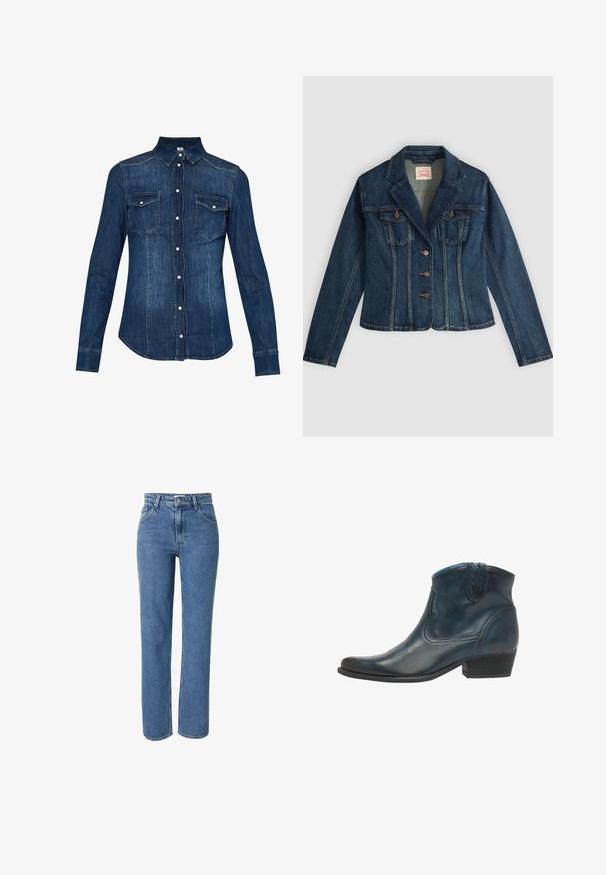 Donkerblauwe spijkerjas met lange mouwen, drie knopen aan de voorkant, twee borstzakken en een ingesneden kraag, plat neergelegd op een lichte achtergrond.; Donkerblauw denim overhemd, met een knoopsluiting aan de voorkant, een puntige kraag en twee borstzakken met klep. Lange mouwen met knoopsluiting.; EDITED ROWAN - Straight leg jeans - blue denim; Cowboyenklaar met een donkerblauwe leren uitvoerig, met een puntige neus, gebogen accenten en een lage gestapelde hak met subtiele stiksels.