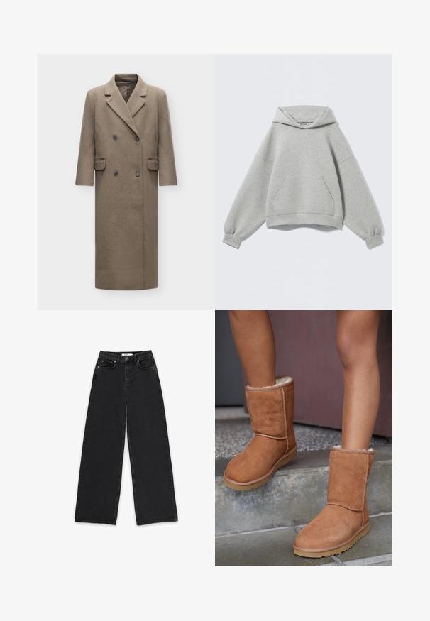 Lange taupekleurige wollen mantel met dubbele knoopsluiting, brede revers en twee klepzakken, weergegeven op een effen witte achtergrond.; Lichtgrijze oversized hoodie met een voorzak in kangaroestijl, geribde boorden en een gevouwen capuchon, afgebeeld tegen een effen achtergrond.; Zwarte wijde denim-jeans met een hoge taille, twee voorzakken en een knoopsluiting met een rits.; Bruine suède enkellaarsjes met een ronde neus, zachte voering en een rubberen zool, met zichtbaar stiksel langs de naden.
