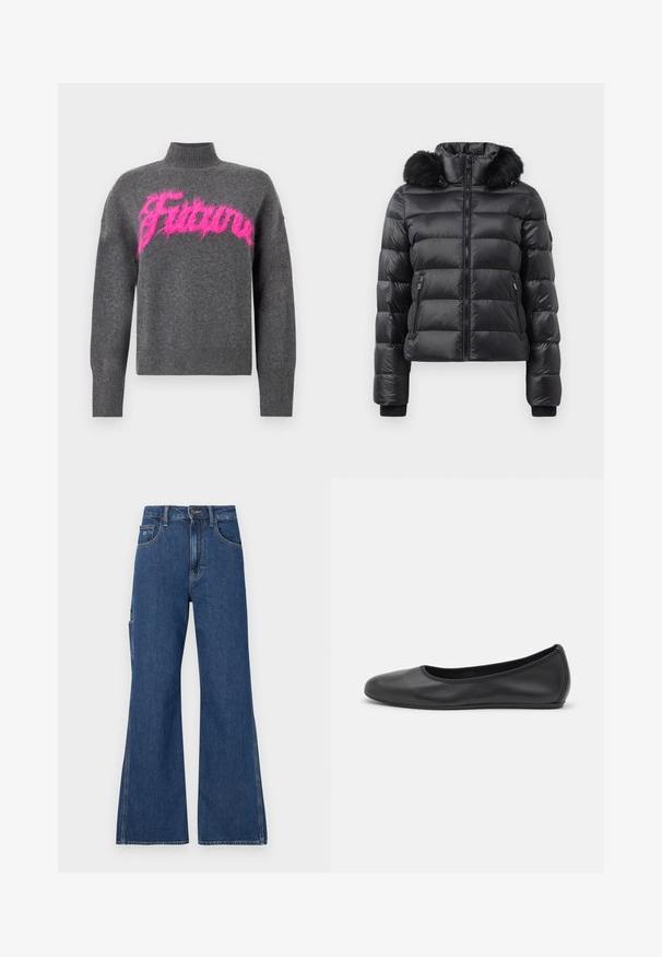 Doudoune noire avec un matelassage horizontal, fermeture éclair à l'avant, poches zippées, poignets côtelés et une capuche amovible avec un bord en fausse fourrure noire.; Pull gris tricoté avec un col montant, arborant un motif de mot rose duveteux. Il possède des poignets et un ourlet côtelés pour une texture supplémentaire.; Jean en denim bleu à jambes larges avec une fermeture à bouton, deux poches avant et une poche latérale. Le tissu a une texture lisse avec des coutures visibles.; Ballerines en cuir noir avec un bout rond, texture lisse, détails de couture minimalistes et design de semelle flexible.