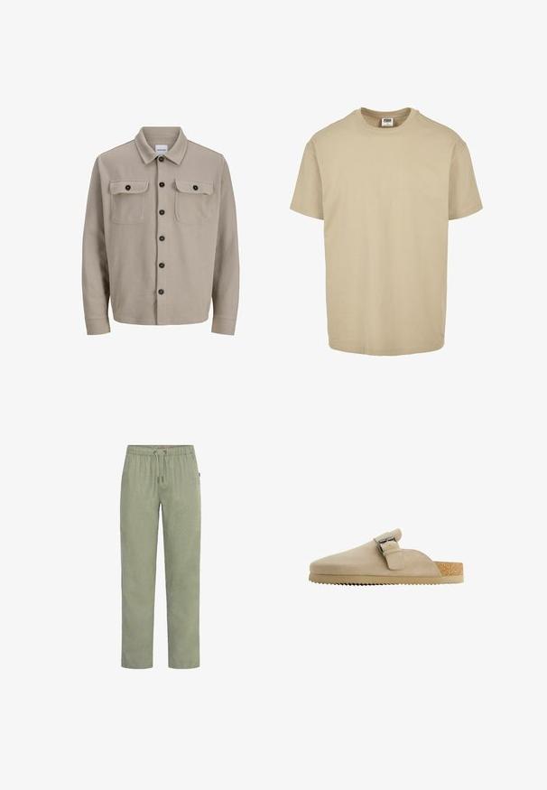 Veste chemise beige clair en tissu texturé, dotée d'un col, de deux poches poitrine et de fermetures à boutons noirs.; T-shirt en coton beige à col rond, à manches courtes et à ourlet droit. Texture lisse, design simple, sans motifs ni accents.; Pantalon vert clair à jambes droites avec taille élastique et cordon de serrage, fabriqué en tissu doux.; Sabot en daim beige avec une forme courbée, bride en métal réglable et semelle en liège texturée. La semelle extérieure présente un bord cranté pour une meilleure adhérence.