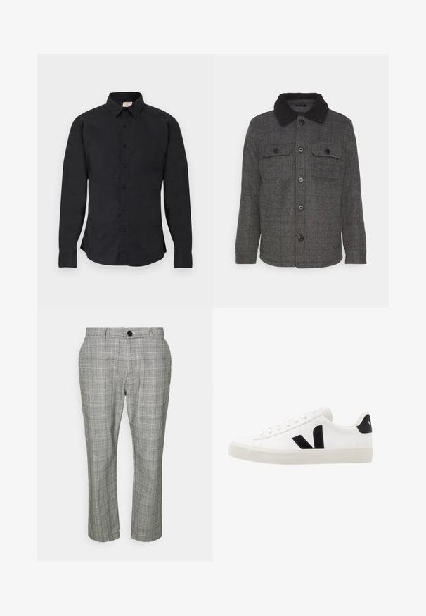 Brave Soul AUGUSTCH - Leichte Jacke - charcoal; Schwarzes, langärmeliges Hemd zum Knöpfen mit Kragen, geknöpften Manschetten und einem kleinen Logo auf der linken Brustseite, auf einer flachen Oberfläche dargestellt.; Graue, karierte Hose mit taillierter Passform, ausgestattet mit einem Reißverschluss, Knopfverschluss und Seitentaschen. Der Stoff hat eine glatte Textur.; Weiße Leder-Sneaker mit schwarzen Wildlederelementen; verfügen über eine Gummisohle, eine runde Spitze und ein klassisches Schnürdesign. Seitliches Logo in Schwarz.