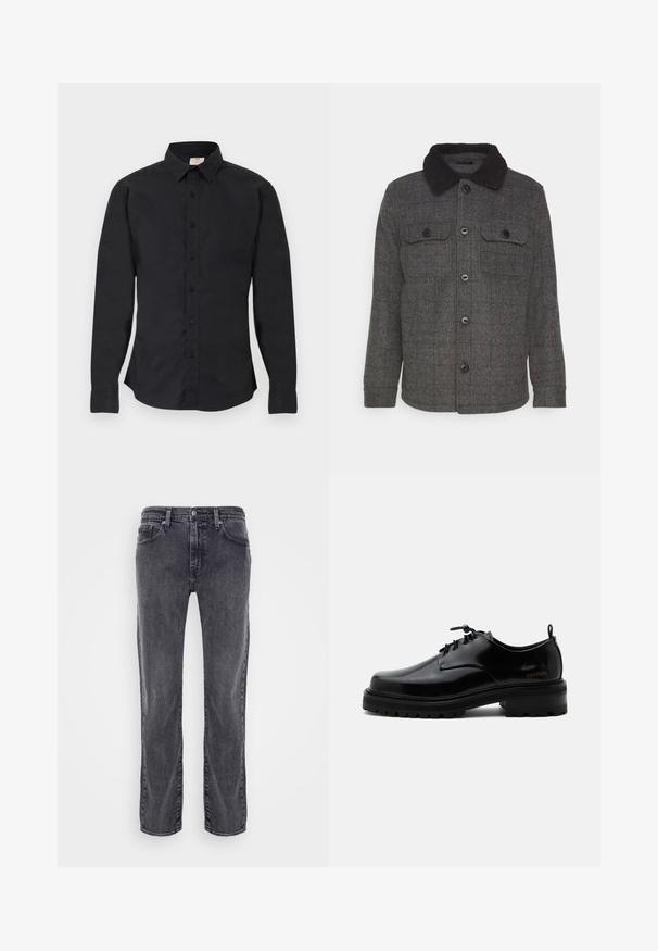 Brave Soul AUGUSTCH - Lichte jas - charcoal; Zwarte blouse met lange mouwen, knoopsluiting, kraag, knoopmanchetten en een klein logo aan de linkerkant van de borst, tentoongesteld op een vlakke ondergrond.; Grijze denim jeans met een rechte pijp. Voorzien van vijf zakken, zichtbare stiksels en een klassieke tailleband met een knoopsluiting.; Zwarte gepolijste leren veterschoen met dikke rubberen zool en lage hak, zijmerktekst "SAMSOE" en een achterste aantreklus.