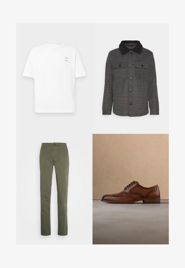 Brave Soul AUGUSTCH - Veste légère - charcoal; T-shirt blanc en coton avec une coupe décontractée, des manches courtes et un col en V. Présente deux petits logos noirs imprimés sur le côté gauche.; Pantalons en coton vert olive avec une coupe droite, dotés d'une fermeture éclair, d'un bouton et de poches avant. Texture lisse, sans motifs.; Chaussure brogue en cuir marron avec des lacets flottant au-dessus d'un tapis beige, canapé beige flou en arrière-plan.