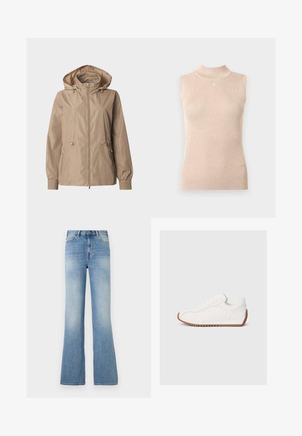 Veste à capuche marron clair avec fermeture éclair frontale, cordons ajustables à la taille et à la capuche, poignets élastiques et poches latérales zippées.; Haut sans manches à col montant en maille côtelée beige doux. Présente un léger éclat, une forme ajustée et un petit logo au niveau de l'encolure.; Jean denim bleu clair taille haute avec bouton et fermeture éclair devant, cinq poches, jambes légèrement évasées et légère décoloration au niveau des cuisses.; Baskets blanches avec tige en cuir lisse, semelle en caoutchouc texturée, bout rond et détails de couture subtils. Semelle extérieure en caoutchouc marron contrastante.