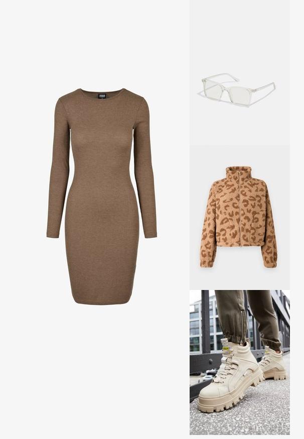 Kunstpels cropped jakke i tan med brune leopardpletter, høj krave og lynlås foran, med blød tekstur og elastiske manchetter.; Ribbede langærmede kjole i en rig brun farve. Har en rund halsudskæring og en tætsiddende silhuet, lavet af strækbart strikstof.; Beige high-top sneakers med en chunky, tekstureret sål, snørebåndsdesign og gule accentmærker. Tekstureret læderoverdel med kontrasterende syninger.; Klare plastiske briller med firkantet ramme og gennemsigtige linser, der har guld accenter på tempelstængerne for ekstra detaljer.