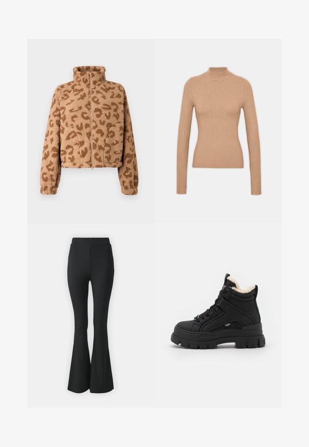 Veste courte en fausse fourrure couleur beige avec des taches léopard marron, col haut et fermeture éclair devant, dotée d'une texture douce et de poignets élastiques.; Pull à col roulé beige à côtes, avec des manches longues, un design cintré, une texture douce et un col haut.; Pantalons noirs évasés en tissu extensible. Présentent une taille haute et un design lisse et ajusté qui s'évase à partir du genou.; Buffalo ASPHA MID WARM - Bottines à lacets - black