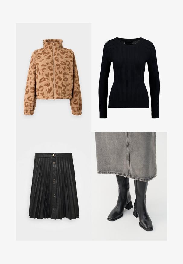 Kunstpels cropped jakke i tan med brune leopardpletter, høj krave og lynlås foran, med blød tekstur og elastiske manchetter.; Sort ribbet langærmet sweater med rund halsudskæring og tætsiddende silhuet. Teksturen er glat med en subtil strækbarhed.; VILA VIAMINA BUTTON SKIRT - Mini skirts - black; Sorte knæhøje støvler i glat læder med firkantet tå og blokeret hæl. Båret med en grå denimnederdel med flosset kant.