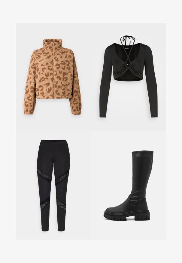 Kurz geschnittene Jacke aus Kunstpelz in Beige mit braunen Leopardenflecken, hohem Kragen und Reißverschluss vorne, mit weicher Textur und elastischen Bündchen.; Even&Odd by Zalando Langarmshirt - black; Schwarze Leggings mit dreieckigen Ausschnitten, die an den Seiten mit schwarzer Spitze akzentuiert sind. Sie bestehen aus einem dehnbaren Stoff mit passgenauer Passform.; Even&Odd by Zalando Plateaustiefel - black