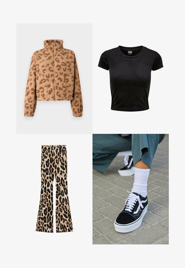 Veste courte en fausse fourrure couleur beige avec des taches léopard marron, col haut et fermeture éclair devant, dotée d'une texture douce et de poignets élastiques.; Crop top noir à manches courtes en tissu doux et velouté. Il présente un col rond classique et un design simple sans motifs ni accents.; Pantalons évasés avec un motif léopard dans des tons de noir et de marron, texture côtelée et une taille haute.; Baskets en suède noir avec des accents et des lacets blancs, présentant une épaisse semelle blanche et des coutures contrastantes, associées à une chaussette blanche.