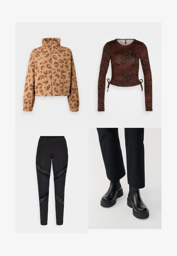Kurz geschnittene Jacke aus Kunstpelz in Beige mit braunen Leopardenflecken, hohem Kragen und Reißverschluss vorne, mit weicher Textur und elastischen Bündchen.; Pieces PCNALA CROP - Langarmshirt - chicory coffee/black; Schwarze Leggings mit dreieckigen Ausschnitten, die an den Seiten mit schwarzer Spitze akzentuiert sind. Sie bestehen aus einem dehnbaren Stoff mit passgenauer Passform.; Person trägt schwarze Leder-Stiefeletten mit klobiger Sohle, kombiniert mit schwarzen Straight-Leg-Hosen vor weißem Hintergrund.