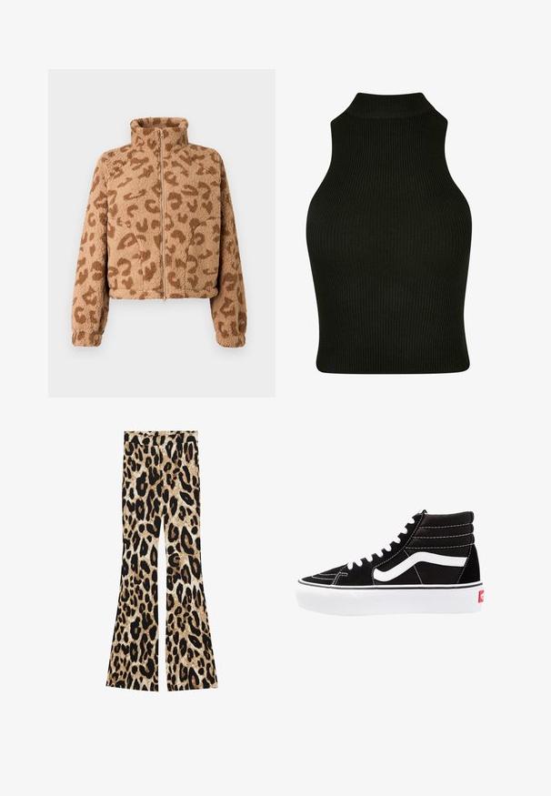 Kabátik z umelého kožušiny v hnedej farbe s hnedými leopardími škvrnami, vysokým golierom a predným zipsom, s jemnou textúrou a elastickými manžetami.; Čierny rebrový bezrukávový top s vysokým výstrihom, so priliehavým strihom a štruktúrovanou tkaninou.; Rozšírené nohavice s leopardím vzorom v čiernych a hnedých odtieňoch, rebrovanou textúrou a vysokým pásom.; Čierne vysoké tenisky s bielymi šnúrkami, bielym logom a kontrastným bielym prešívaním. Majú hrubú bielu podrážku a textúrovaný semišový zvršok.