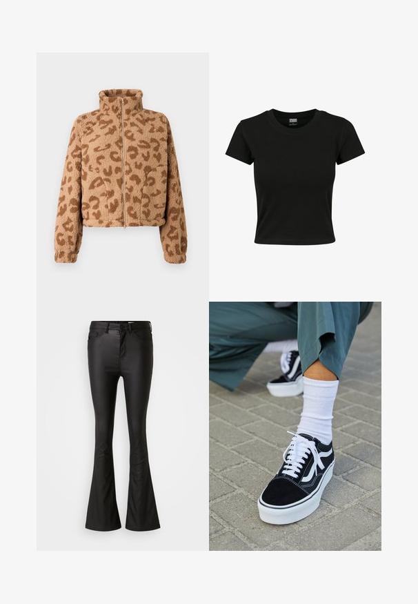Veste courte en fausse fourrure couleur beige avec des taches léopard marron, col haut et fermeture éclair devant, dotée d'une texture douce et de poignets élastiques.; T-shirt noir à manches courtes en coton lisse, avec un col rond et une coupe ajustée. Aucun motif ou accent visible.; Jean évasé noir en tissu brillant et lisse. Comprend une taille haute, des poches avant, et une braguette zippée avec un bouton de fermeture.; Baskets en suède noir avec des accents et des lacets blancs, présentant une épaisse semelle blanche et des coutures contrastantes, associées à une chaussette blanche.
