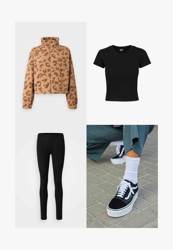 Chaqueta corta de piel sintética en tono canela con manchas de leopardo marrones, cuello alto y cremallera frontal, con una textura suave y puños elásticos.; Camiseta negra de manga corta fabricada en algodón suave, con un cuello redondo y un corte ajustado. Sin patrones ni acentos visibles.; Leggings negros hechos de una tela suave y elástica. Tienen un ajuste ceñido con una cintura elástica y una textura suave y mate.; Zapatillas de ante negro con acentos y cordones blancos, que cuentan con una gruesa suela blanca y costuras en contraste, combinadas con un calcetín blanco.