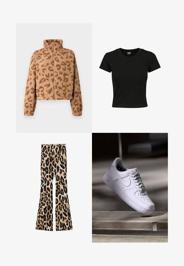 Kabátik z umelého kožušiny v hnedej farbe s hnedými leopardími škvrnami, vysokým golierom a predným zipsom, s jemnou textúrou a elastickými manžetami.; Čierne tričko s krátkym rukávom vyrobené z hladkého bavlneného materiálu, s okrúhlym výstrihom a priliehavým strihom. Bez viditeľných vzorov alebo akcentov.; Rozšírené nohavice s leopardím vzorom v čiernych a hnedých odtieňoch, rebrovanou textúrou a vysokým pásom.; Biele tenisky Nike Air Force 1 vznášajúce sa nad betónovým povrchom so tieňmi v minimalistickom prostredí.