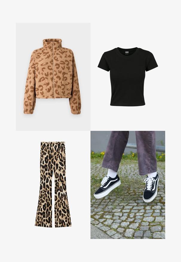 Kunstpels cropped jakke i tan med brune leopardpletter, høj krave og lynlås foran, med blød tekstur og elastiske manchetter.; Sort kortærmet t-shirt lavet af glat bomuldsstof, med rund halsudskæring og en tætsiddende pasform. Ingen synlige mønstre eller accenter.; Flared bukser med leopardprint i sort og brune nuancer, ribbet tekstur og høj talje design.; Sorte ruskinds sneakers med hvide accenter, med rund tå, tyk hvid sål og klassisk snørebåndsdesign, båret med hvide sokker og lilla bukser.