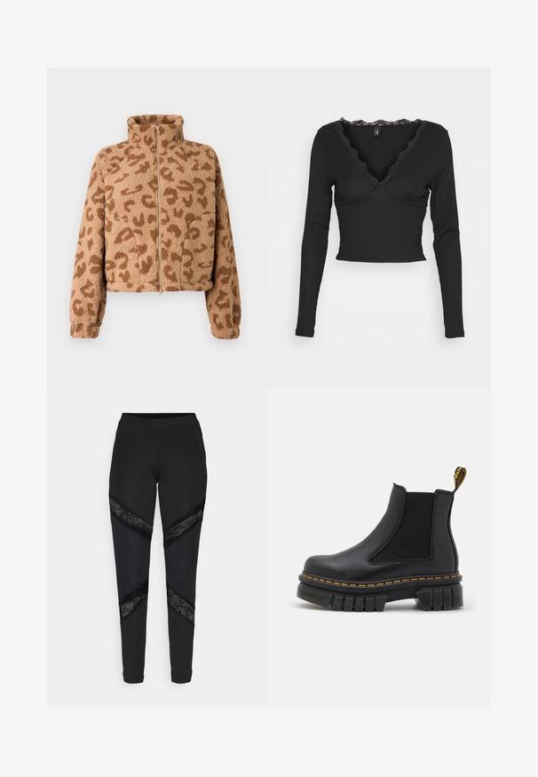 Kunstpels cropped jakke i tan med brune leopardpletter, høj krave og lynlås foran, med blød tekstur og elastiske manchetter.; ONLY ONLTALIA - Langærmet T-shirt - black; Sorte leggings med trekantede udskæringer accentueret med sort blonde i siderne, lavet af et strækbart stof med en tætsiddende pasform.; Sort chelsea ankelstøvle lavet af læder og elastik. Har en kraftig gummisål, gul syning og en løkke bagpå.