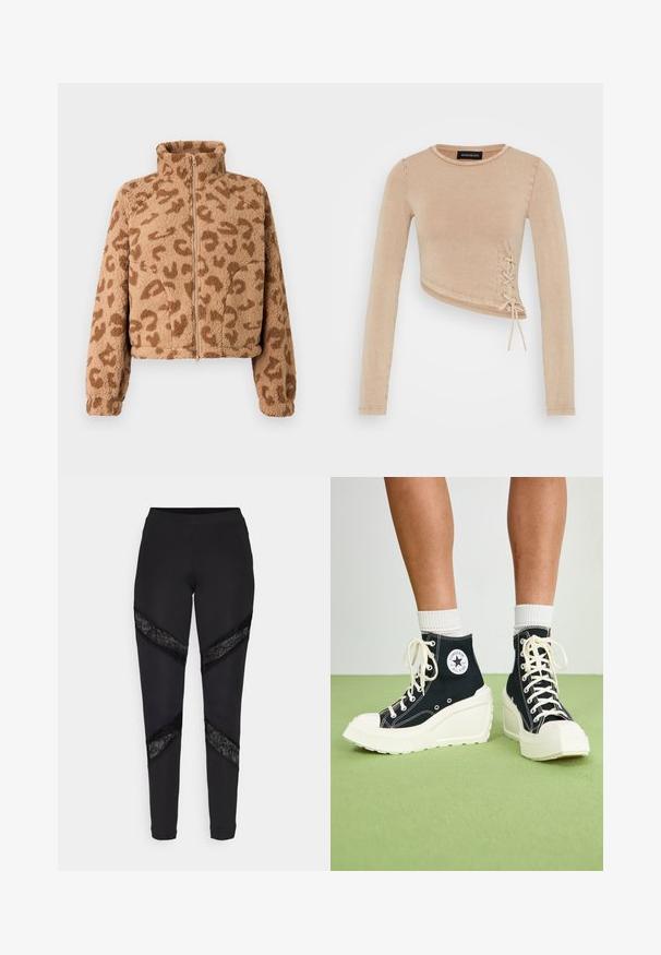 Kunstpels cropped jakke i tan med brune leopardpletter, høj krave og lynlås foran, med blød tekstur og elastiske manchetter.; Langærmet cropped top i lys beige, med snørebåndsdetaillering i siden. Fremstillet af blødt materiale med en glat tekstur og rund halsudskæring.; Sorte leggings med trekantede udskæringer accentueret med sort blonde i siderne, lavet af et strækbart stof med en tætsiddende pasform.; Sorte højtop sneakers med en hævet hvid platform sål, der har hvide snørebånd og en rund logo lap på siden. Tekstureret canvas materiale.