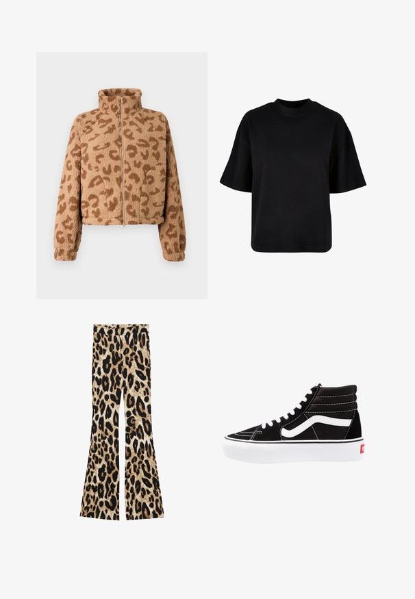 Kunstpels cropped jakke i tan med brune leopardpletter, høj krave og lynlås foran, med blød tekstur og elastiske manchetter.; Sort bomulds t-shirt med høj hals, korte ærmer og en løs, boxy pasform uden synlige mønstre eller accenter.; Flared bukser med leopardprint i sort og brune nuancer, ribbet tekstur og høj talje design.; Sorte høj-top sneakers med hvide snørebånd, et hvidt logo og kontrasterende hvid syning. Har en tyk hvid sål og struktureret ruskindsoverdel.