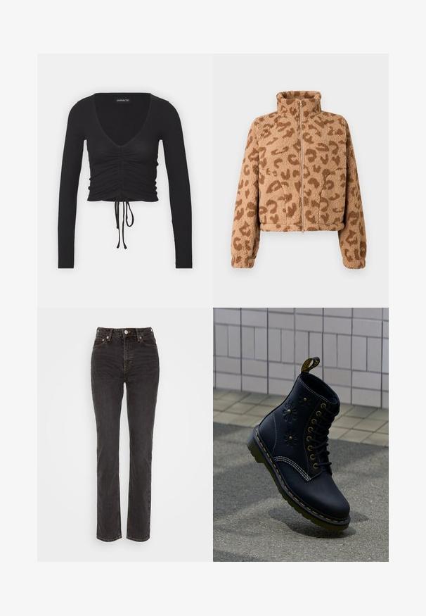 Chaqueta corta de piel sintética en tono canela con manchas de leopardo marrones, cuello alto y cremallera frontal, con una textura suave y puños elásticos.; Top corto de manga larga negro acanalado con un profundo escote en V, detalles fruncidos en la parte delantera y lazo ajustable en el dobladillo.; Weekday SMOOTH HIGH - Vaqueros slim fit - nuit black; Bota negra de cuero con costuras amarillas, diseños florales en relieve, cordones negros y una lengüeta amarilla, sobre pavimento texturizado.
