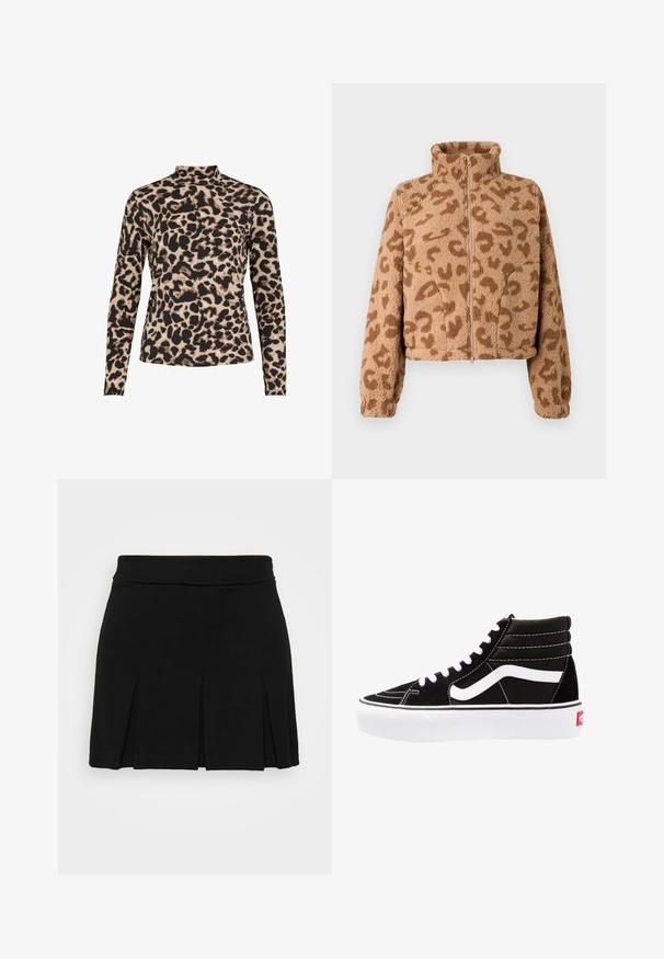Kort jasje van nep bont in tan met bruine luipaardvlekken, hoge kraag en ritssluiting aan de voorkant, met een zachte textuur en elastische manchetten.; Leopardprint lange mouwen shirt met een hoge halslijn. Heeft een zwart en beige kleurenschema, een gladde textuur en een getailleerd ontwerp.; Even&Odd Minirok - black; Zwarte high-top sneakers met witte veters, een wit logo en contrasterende witte stiksels. Heeft een dikke witte zool en een bovenwerk van gestructureerd suede.