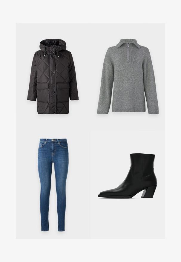 Vero Moda VMMILLIE - Abrigo de invierno - black; Suéter gris con media cremallera, cuello acanalado y patrón de tejido texturizado. Presenta mangas largas y un diseño de corte recto para un ajuste oversize.; Jeans ajustados en denim azul oscuro con cinco bolsillos, cierre frontal de botón y una textura suave. Ligeramente desgastados en los muslos y las rodillas.; Bota de tobillo de cuero negro con punta afilada, una silueta elegante y un tacón cuadrado grueso. Textura suave con detalles de costura mínimos.