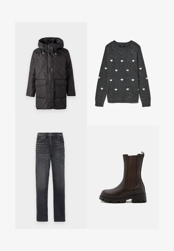 Vero Moda VMMILLIE - Zimný kabát - black; Sivý sveter s okrúhlym výstrihom a dlhými rukávmi, zdobený opakujúcim sa vzorom malých bielych sŕdc po celej ploche. Mäkká textúrovaná látka.; Čierne denimové džínsy so strihom rovného noha, ktoré majú predné vrecká, zapínanie na gombík a jemné zosvetlenie.; Hnedé kožené členkové topánky s elastickými bočnými panelmi, masívnou gumovou podrážkou a pútkom na zadnej strane. Textúrovaný povrch. Pevný dizajn.