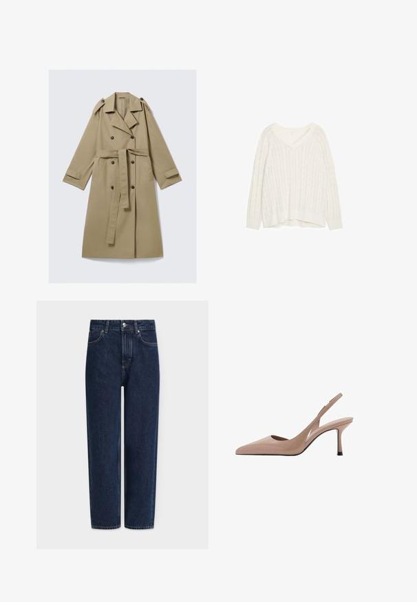 Beige trenchcoat i knælængde med dobbeltradede knapper, bælte, skulderepauletter og manchetstropper, lagt fladt på en hvid baggrund.; Hvid kabelstrikket V-hals sweater med lange ærmer og ribstrikkede manchetter og kant, lagt fladt på hvid baggrund.; Mørkeblå denimjeans med lige ben, høj talje, sølvfarvede detaljer, forlommer og subtile syningsdetaljer. Klassisk design med fem lommer.; Nude slingback højhælede sko med spids tå, glat tekstur og en tynd stilletto hæl. Udsnit på siden tilfører et unikt præg.
