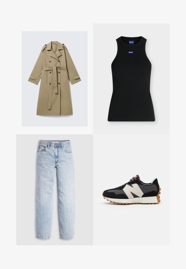 Trench-coat beige longueur genou avec boutons croisés, ceinture, épaulettes et brides aux poignets, posé à plat sur fond blanc.; Débardeur noir sans manches avec col rond et petit patch logo Hugo bleu sur la poitrine et à l'intérieur du col.; Jean en denim bleu clair avec une taille haute, une coupe décontractée, des jambes droites et un design classique à cinq poches. Détails visibles de décoloration et de coutures.; Baskets en suede noir et gris avec un grand logo "N" couleur crème, lacets violets et semelle extérieure en caoutchouc gomme texturé.