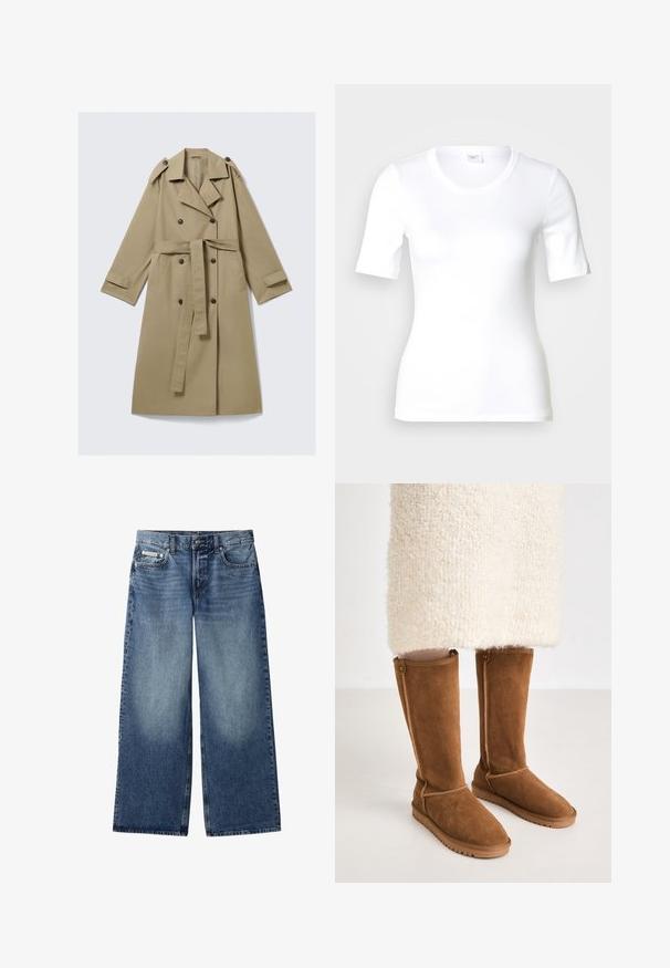 Beige trenchcoat tot op de knie met dubbele rij knopen, een riem, schouderepauletten en manchetsluitingen, plat gelegd op een witte achtergrond.; Wit T-shirt met korte mouwen van glad katoen, met een ronde halslijn en een aangesloten pasvorm. Klassiek ontwerp, zonder patronen of accenten.; Blauwe wijde denim jeans met knoop aan de voorkant, rits, riemlussen en vijfzakkenontwerp, inclusief een klein Calvin Klein-logo op het muntzakje.; Knee-high bruine suède laarzen met een gladde textuur, voorzien van zijstiksels en een rubberen zool voor grip.