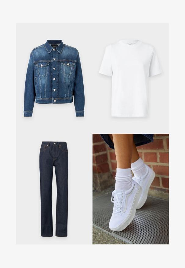 Veste en denim bleu foncé au style classique, avec deux poches avant, des boutons-pression argentés et des surpiqûres contrastées.; T-shirt en coton blanc à col rond, avec des manches courtes et une texture lisse. Conçu avec une coupe décontractée pour plus de confort et de polyvalence.; Jeans en denim bleu marine avec une coupe droite, ornés de coutures orange, de cinq poches et d'un bouton de fermeture à la taille.; Baskets en toile blanches avec semelles en caoutchouc, dotées de six œillets, d'un bout rond et de détails de couture légers, portées avec des chaussettes blanches mi-mollet.