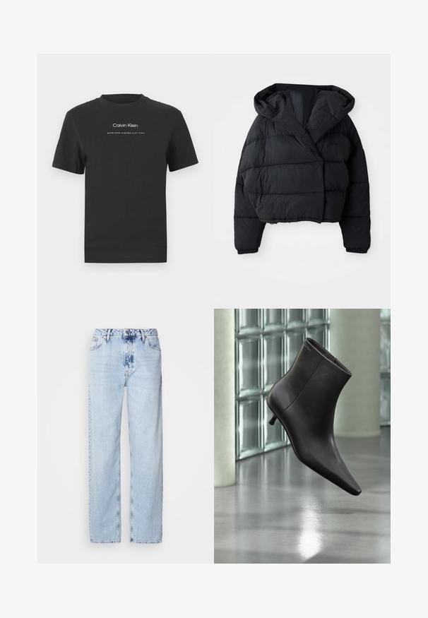 Doudoune noire avec un design court, dotée d'une capuche, d'une texture matelassée et de poignets élastiques. Style minimaliste et matériau léger.; T-shirt en coton noir avec un col rond, des manches courtes, et un logo "Calvin Klein" imprimé en blanc ainsi que le texte "Established 1968".; Jeans large bleus clairs en denim, avec une taille haute, un lavage décoloré et un motif tie-dye subtil à l'avant.; Bottine en cuir noir avec bout pointu et petit talon, présentée devant un mur en blocs de verre et un sol poli.