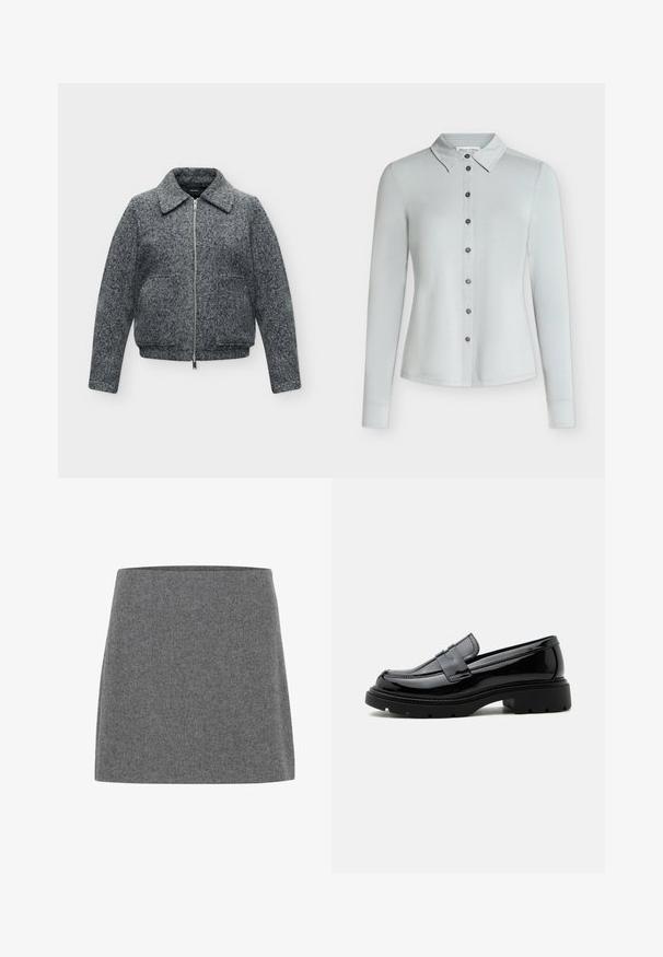 Veste grise en mélange de laine avec fermeture éclair intégrale à l'avant, deux poches avant, manches longues et large col.; Chemise gris clair à manches longues, boutonnée, avec col, sept boutons foncés sur le devant et ourlet droit.; Mini-jupe en laine grise avec une coupe droite et une taille simple, présentée sur fond blanc.; Mocassin en cuir noir brillant avec semelle épaisse à crampons et bride penny, présenté en profil latéral sur fond blanc uni.